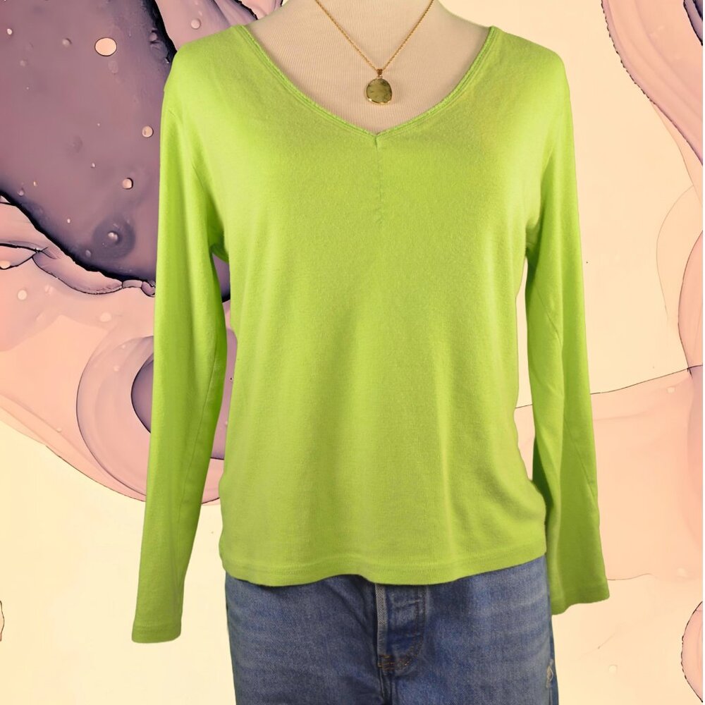 Ruched V-Neck Long Sleeve Green Top with Lace Trim